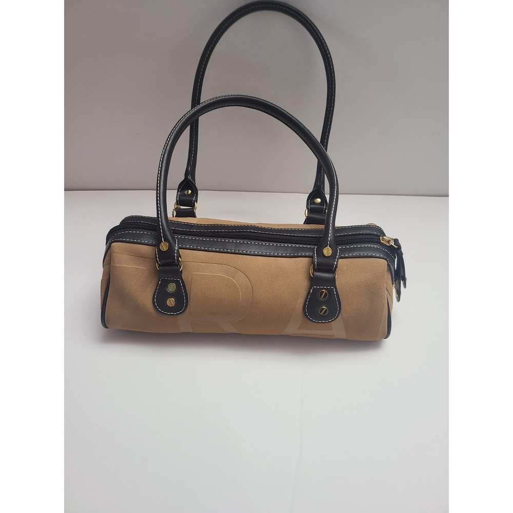 Issac Mizrahi Brown Tan Suede Cylinder Shoulder Bag Black Leather Trim Gold